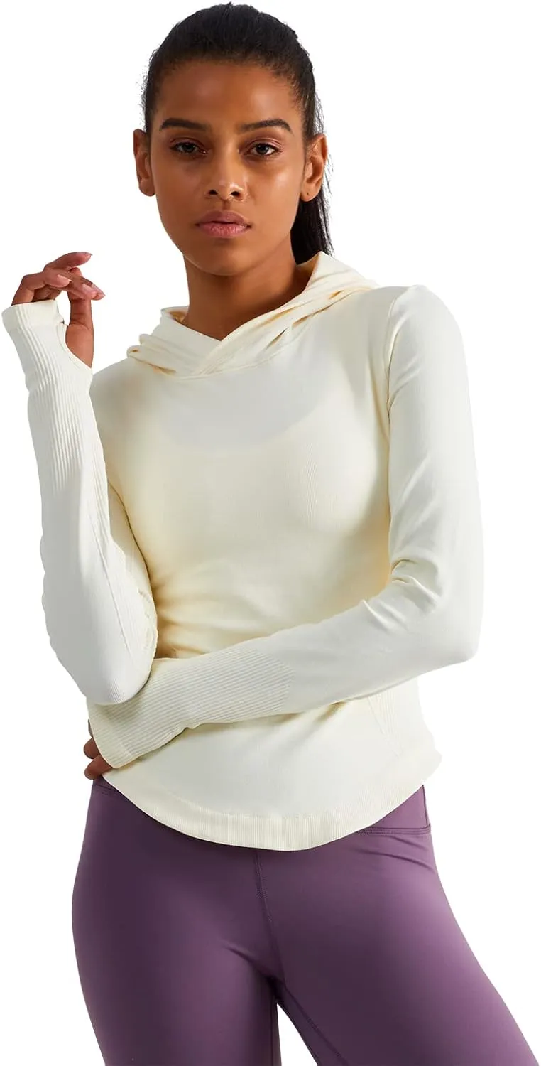 Womens Hooded Athletic Long Sleeve Running Shirts Workout Yoga Tops with Thumb Holes Slim Fit