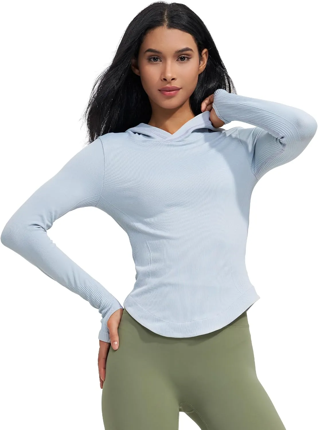 Womens Hooded Athletic Long Sleeve Running Shirts Workout Yoga Tops with Thumb Holes Slim Fit