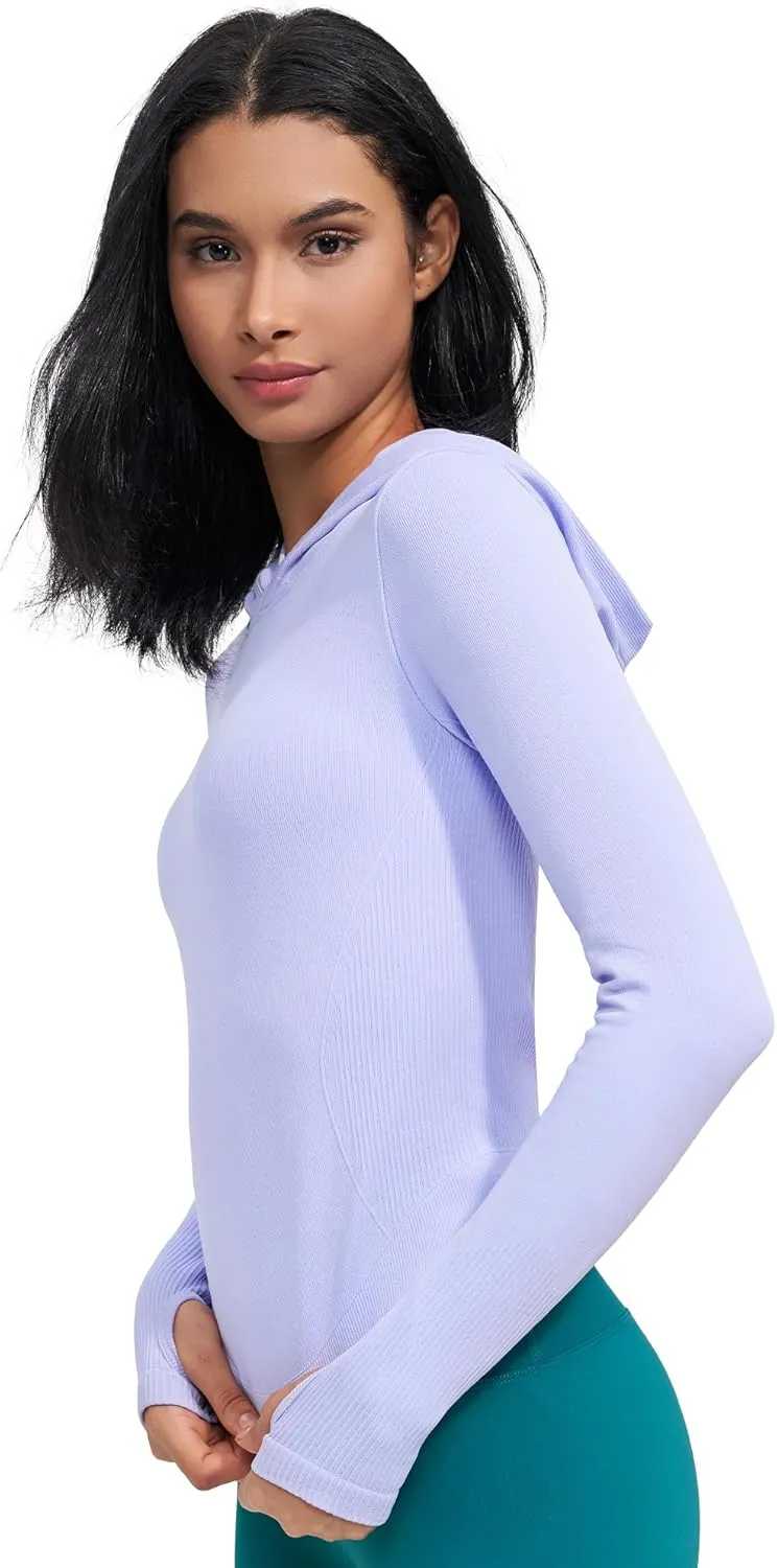 Womens Hooded Athletic Long Sleeve Running Shirts Workout Yoga Tops with Thumb Holes Slim Fit