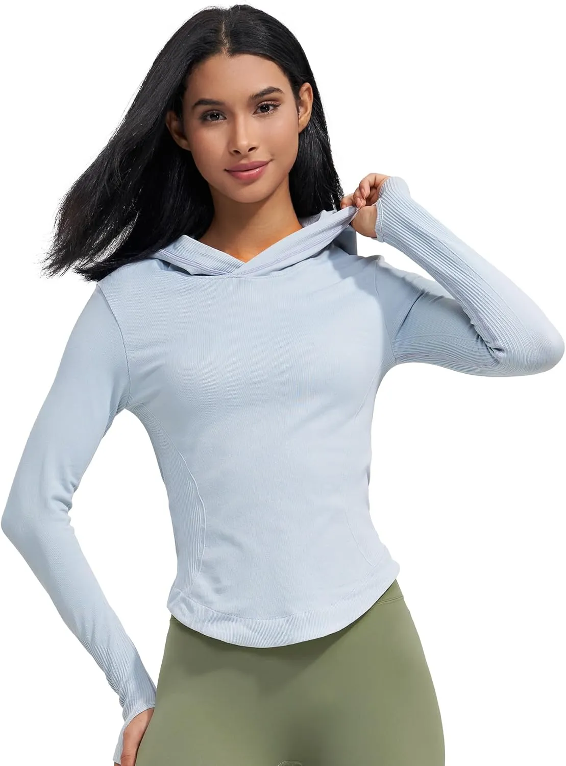 Womens Hooded Athletic Long Sleeve Running Shirts Workout Yoga Tops with Thumb Holes Slim Fit
