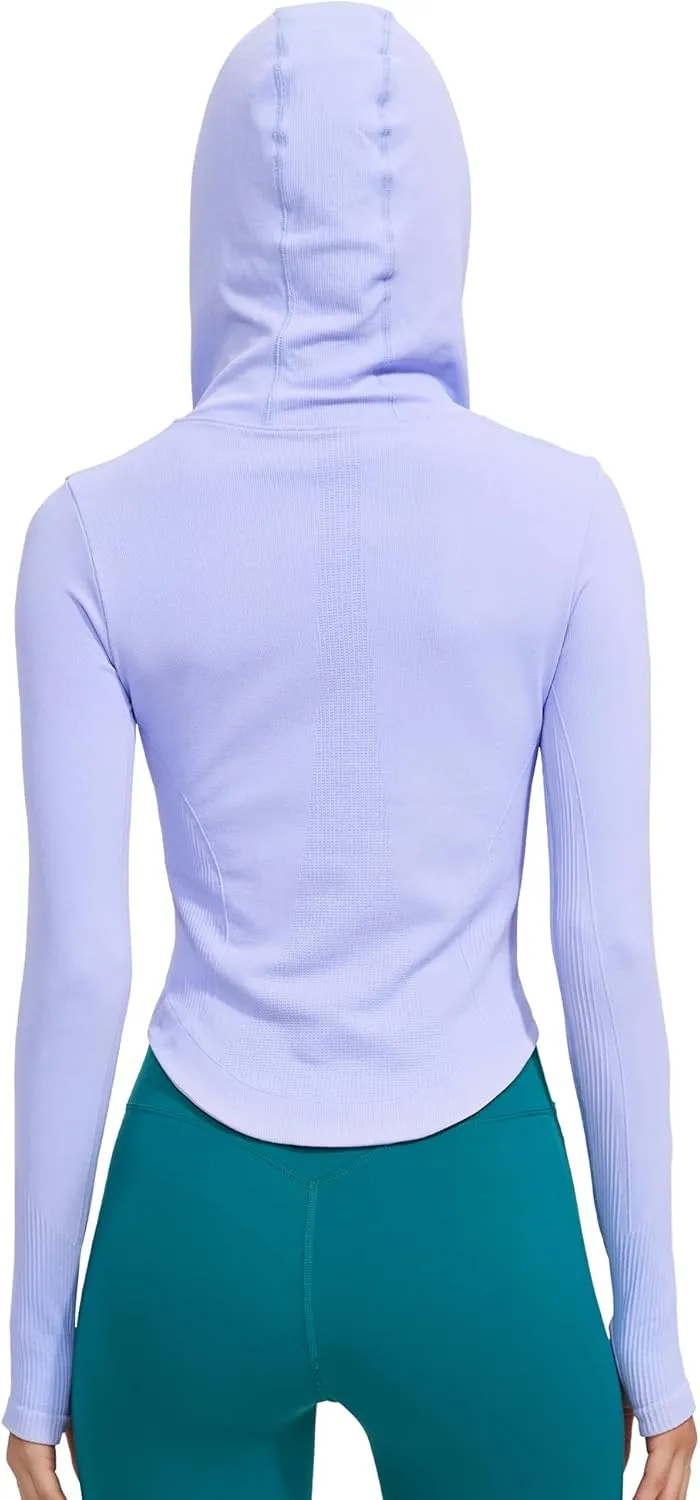 Womens Hooded Athletic Long Sleeve Running Shirts Workout Yoga Tops with Thumb Holes Slim Fit