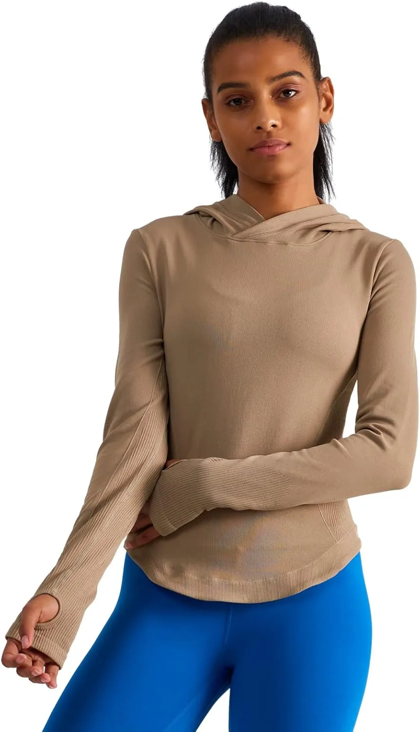 Womens Hooded Athletic Long Sleeve Running Shirts Workout Yoga Tops with Thumb Holes Slim Fit