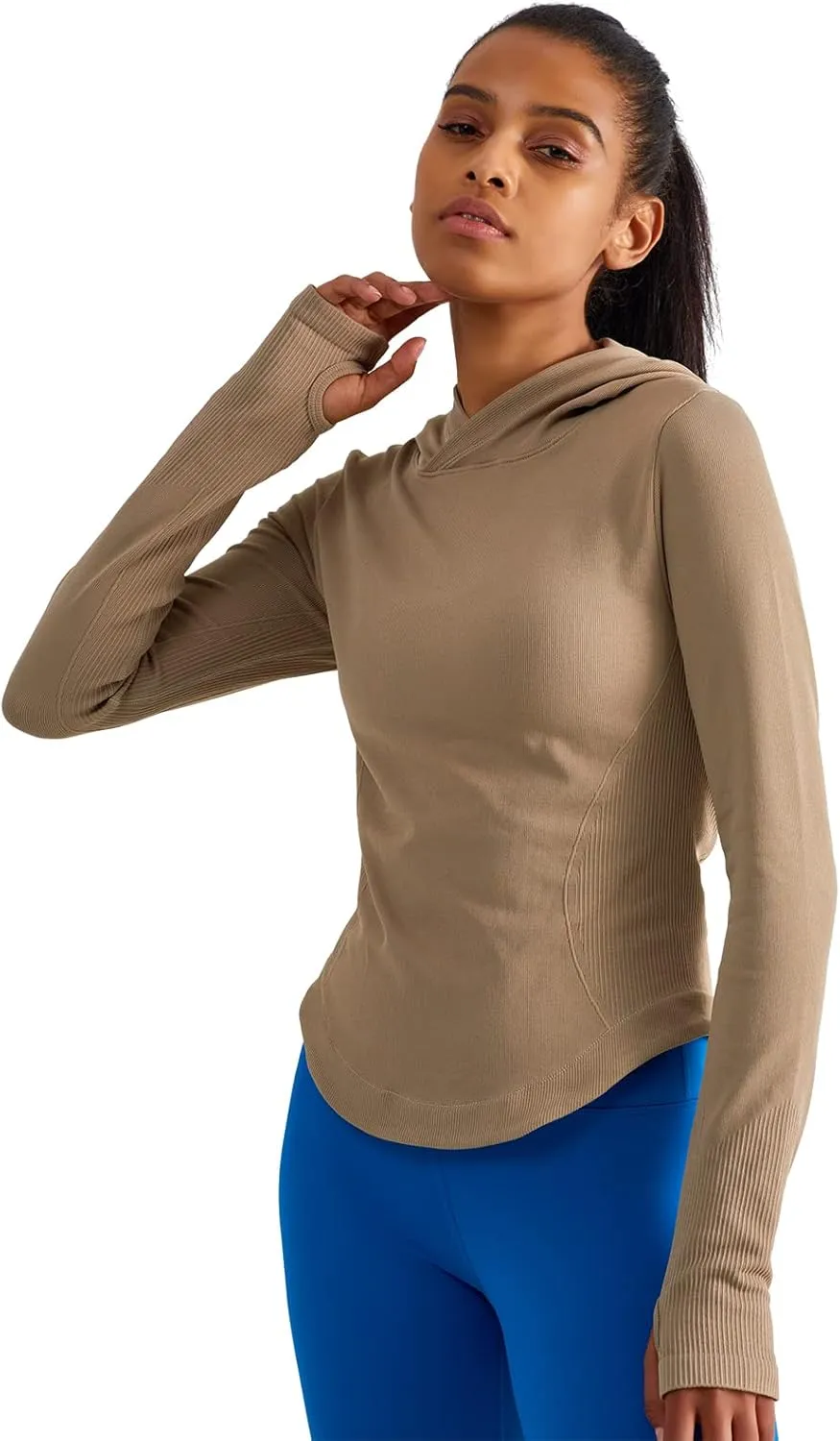 Womens Hooded Athletic Long Sleeve Running Shirts Workout Yoga Tops with Thumb Holes Slim Fit