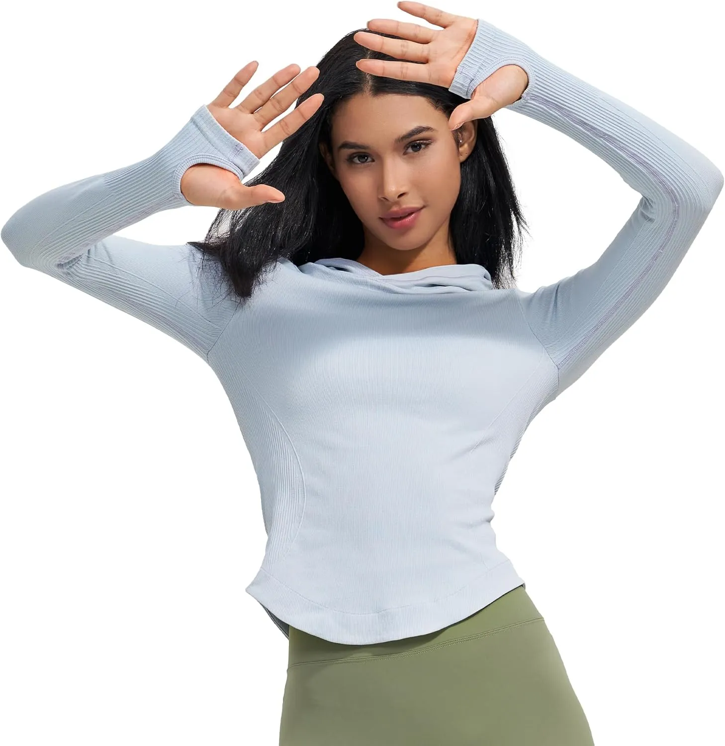 Womens Hooded Athletic Long Sleeve Running Shirts Workout Yoga Tops with Thumb Holes Slim Fit
