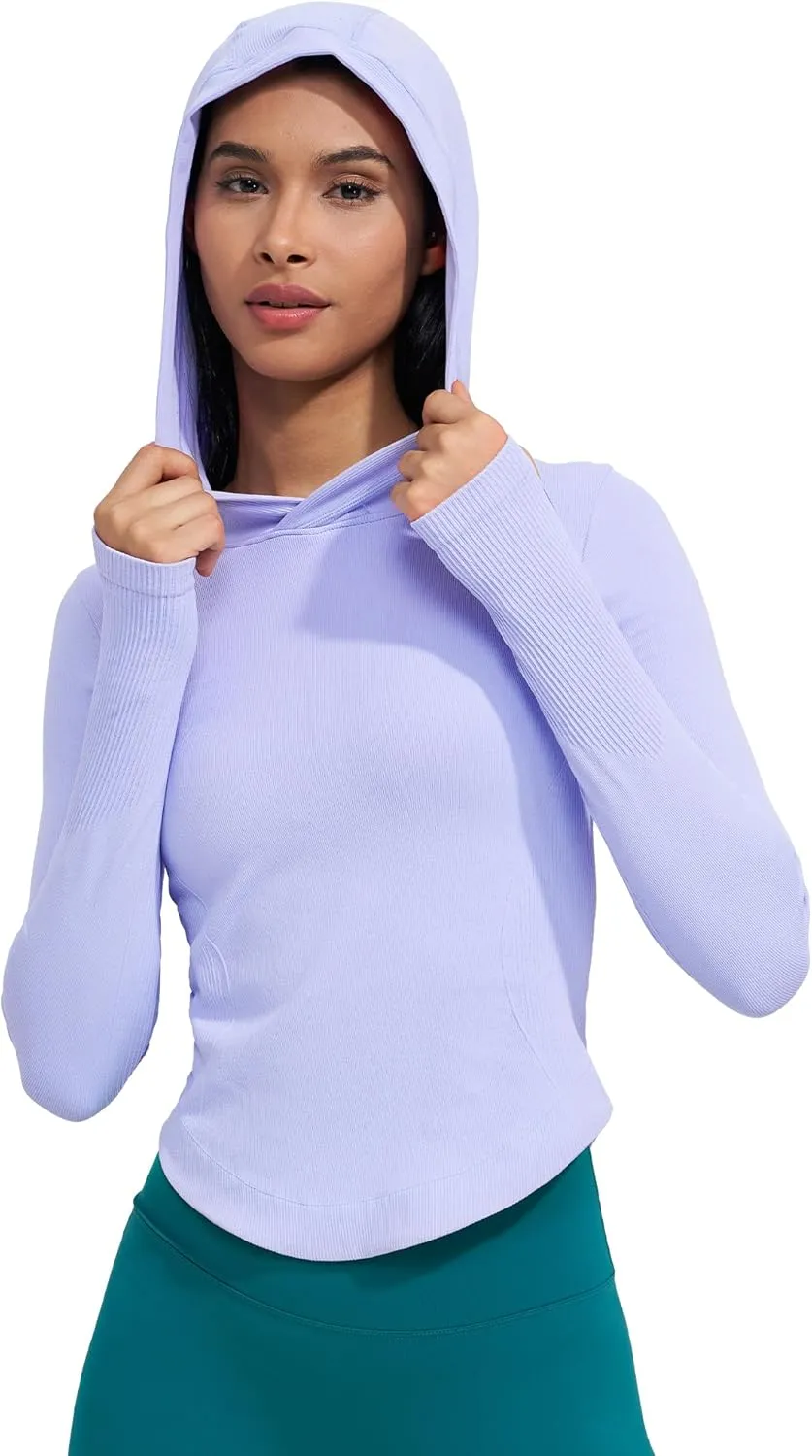 Womens Hooded Athletic Long Sleeve Running Shirts Workout Yoga Tops with Thumb Holes Slim Fit