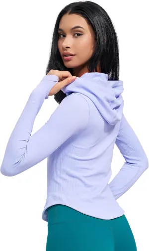 Womens Hooded Athletic Long Sleeve Running Shirts Workout Yoga Tops with Thumb Holes Slim Fit