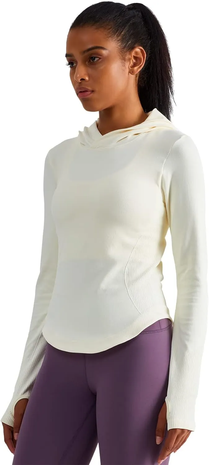 Womens Hooded Athletic Long Sleeve Running Shirts Workout Yoga Tops with Thumb Holes Slim Fit