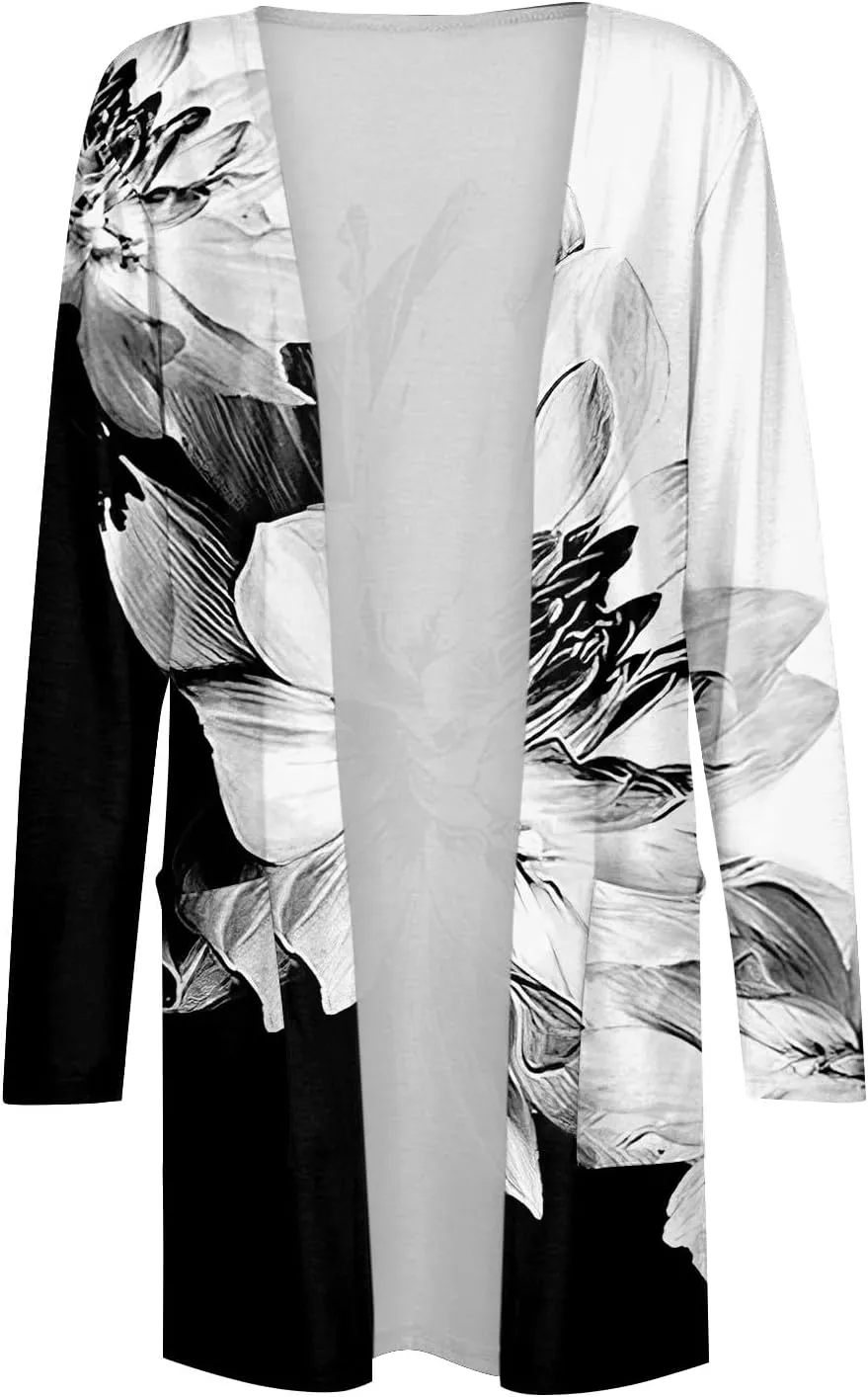 Women's Long Sleeve Cardigan Dressy 2025 Mid-Length Casual Shirt Floral Print Fashion Tshirt Trendy Coat with Pocket