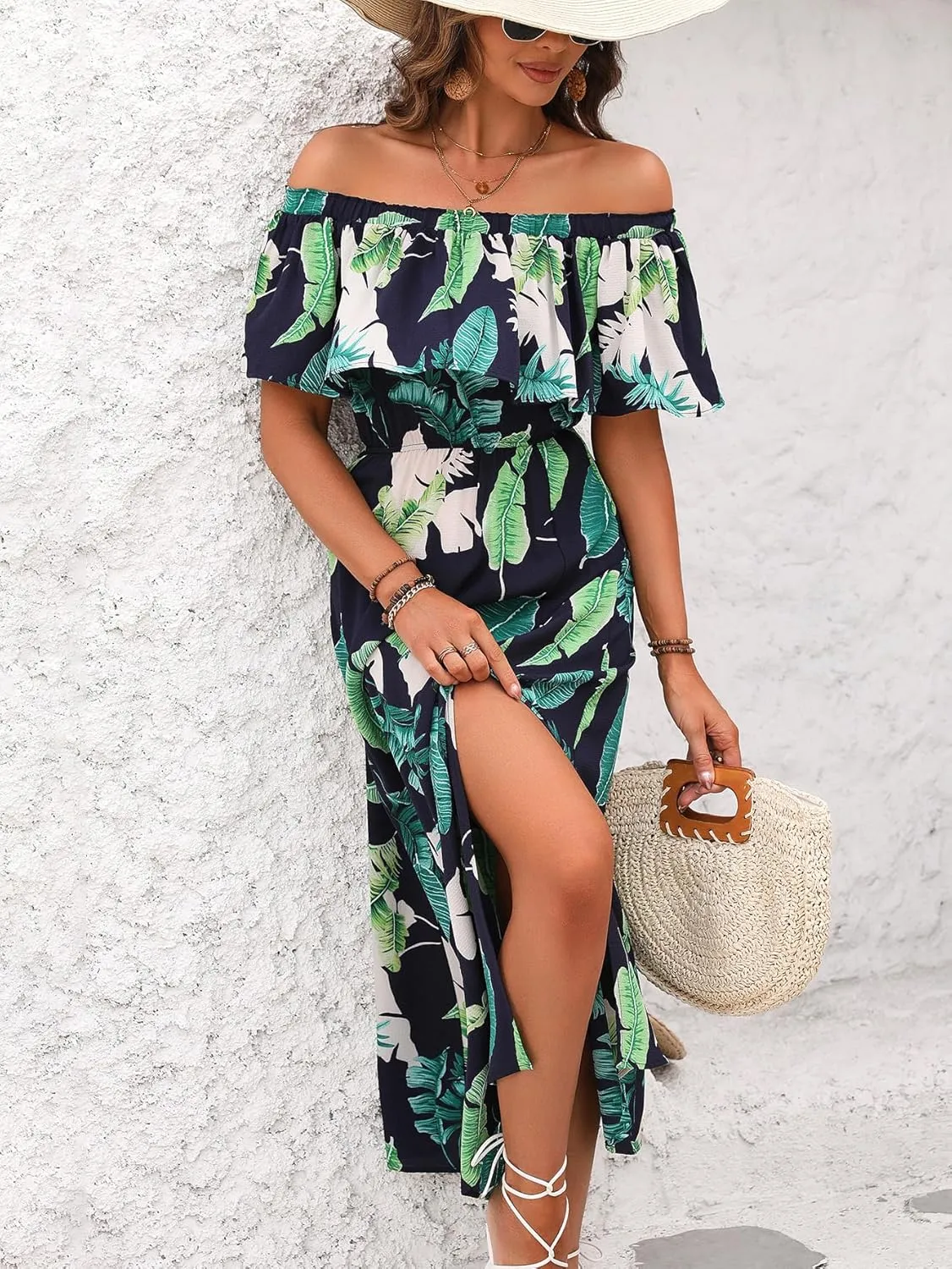 Womens Off The Shoulder Ruffle Side Split Leaf Patterns Beach Maxi Dress