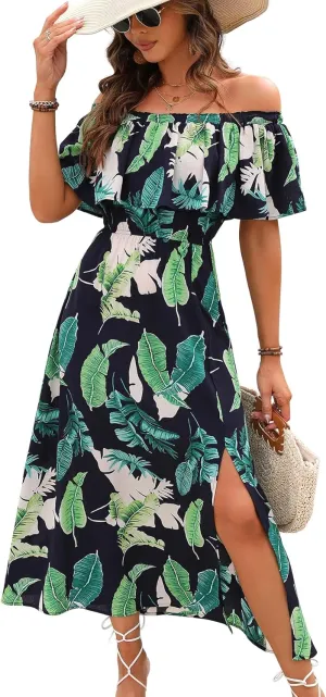Womens Off The Shoulder Ruffle Side Split Leaf Patterns Beach Maxi Dress