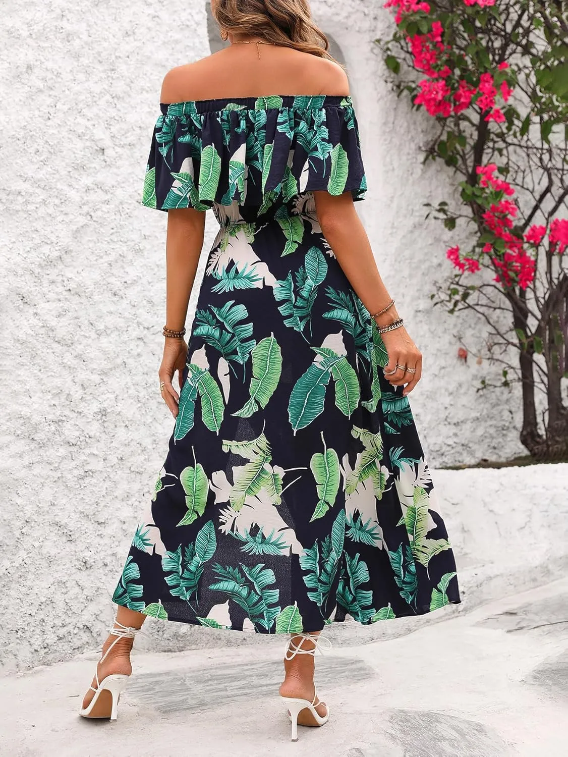Womens Off The Shoulder Ruffle Side Split Leaf Patterns Beach Maxi Dress