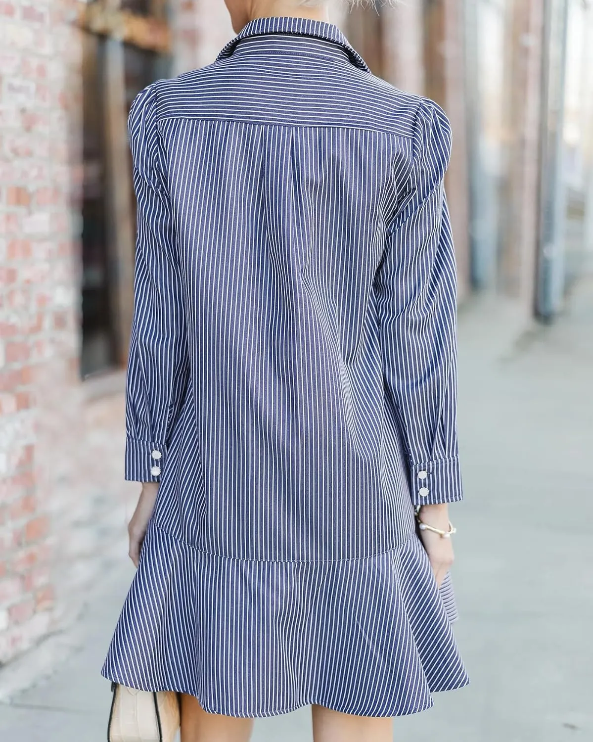 Womens Tunic Shirt Mini Dress Long Sleeve Cotton Short Dress Button Up Ruffle Hem Shift Dresses