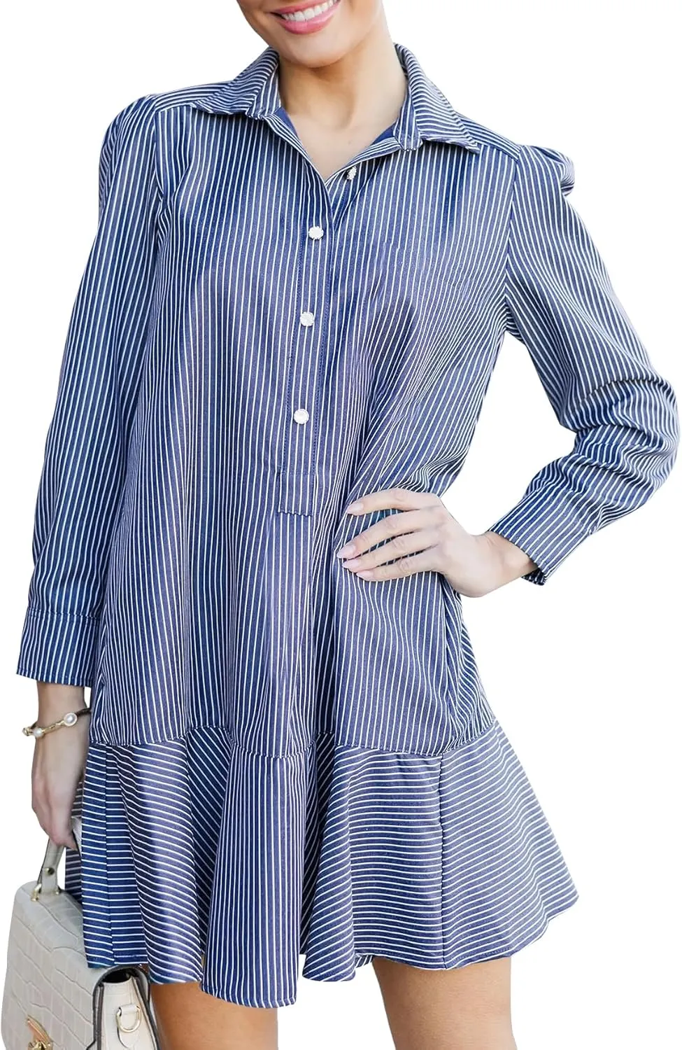 Womens Tunic Shirt Mini Dress Long Sleeve Cotton Short Dress Button Up Ruffle Hem Shift Dresses