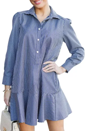 Womens Tunic Shirt Mini Dress Long Sleeve Cotton Short Dress Button Up Ruffle Hem Shift Dresses