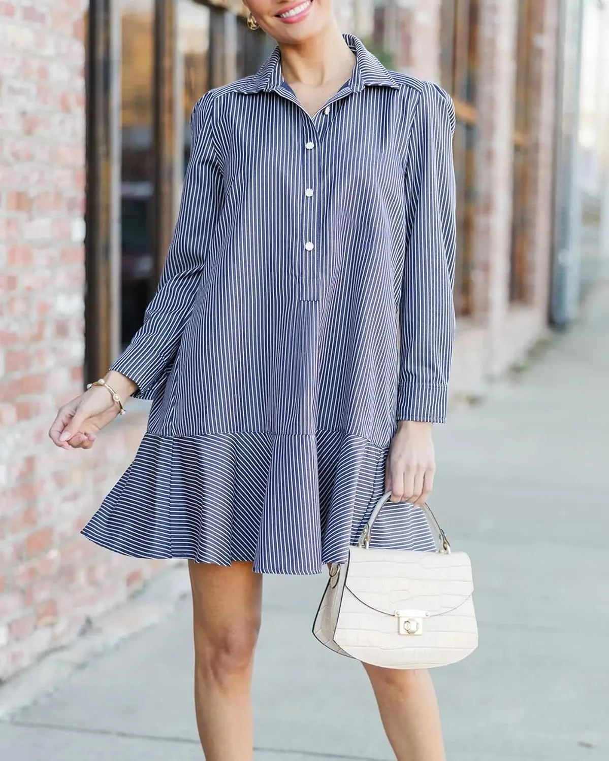 Womens Tunic Shirt Mini Dress Long Sleeve Cotton Short Dress Button Up Ruffle Hem Shift Dresses