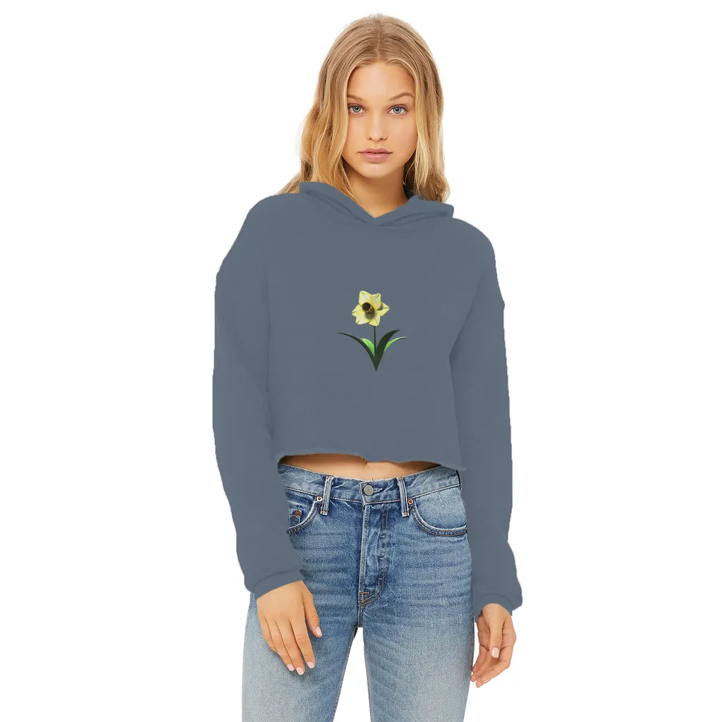 Yellow Flower Ladies Cropped Raw Edge Hoodie