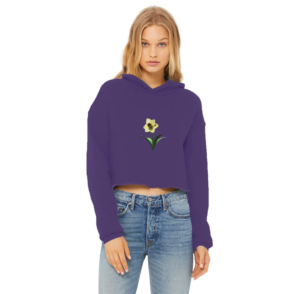Yellow Flower Ladies Cropped Raw Edge Hoodie