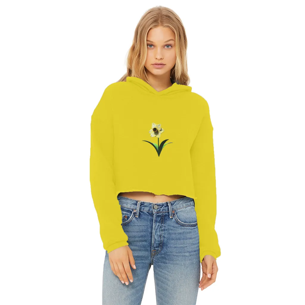 Yellow Flower Ladies Cropped Raw Edge Hoodie
