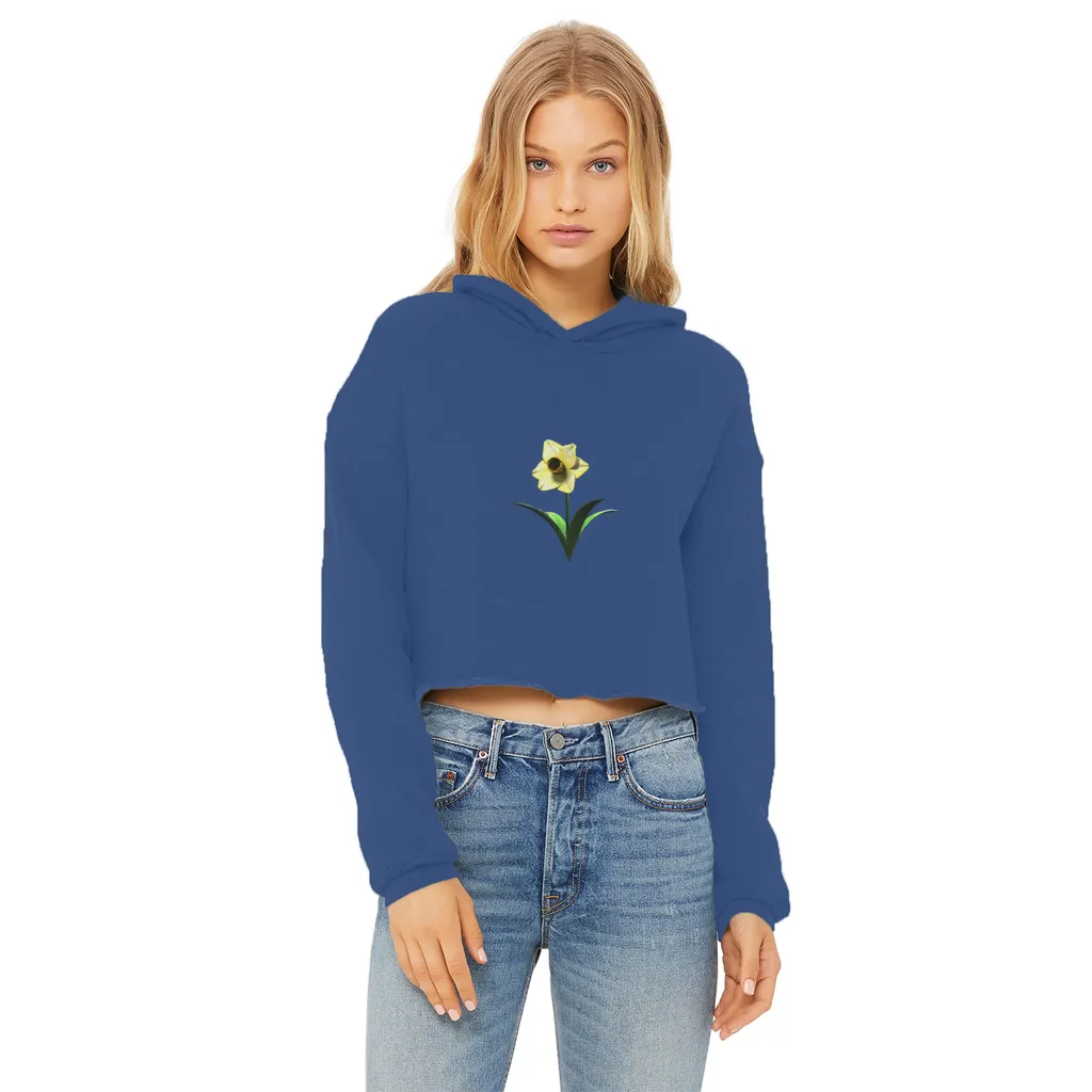 Yellow Flower Ladies Cropped Raw Edge Hoodie