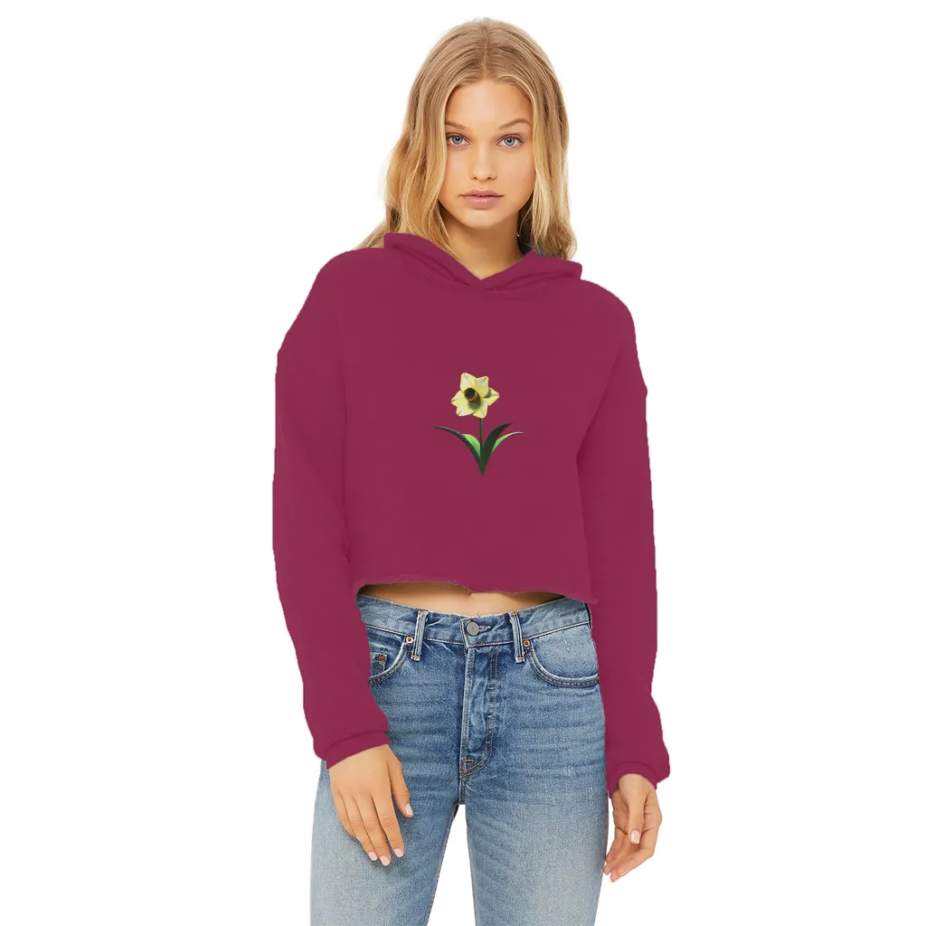 Yellow Flower Ladies Cropped Raw Edge Hoodie