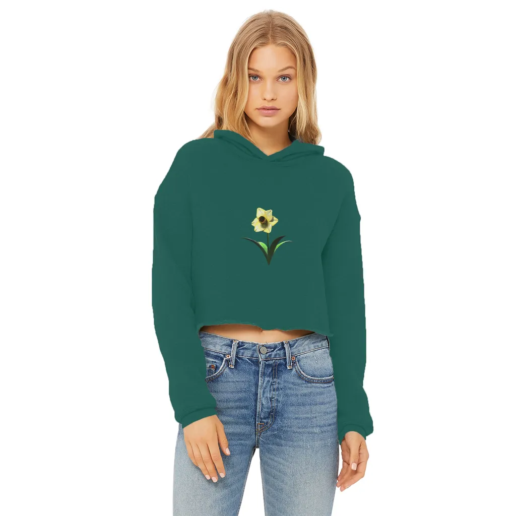 Yellow Flower Ladies Cropped Raw Edge Hoodie