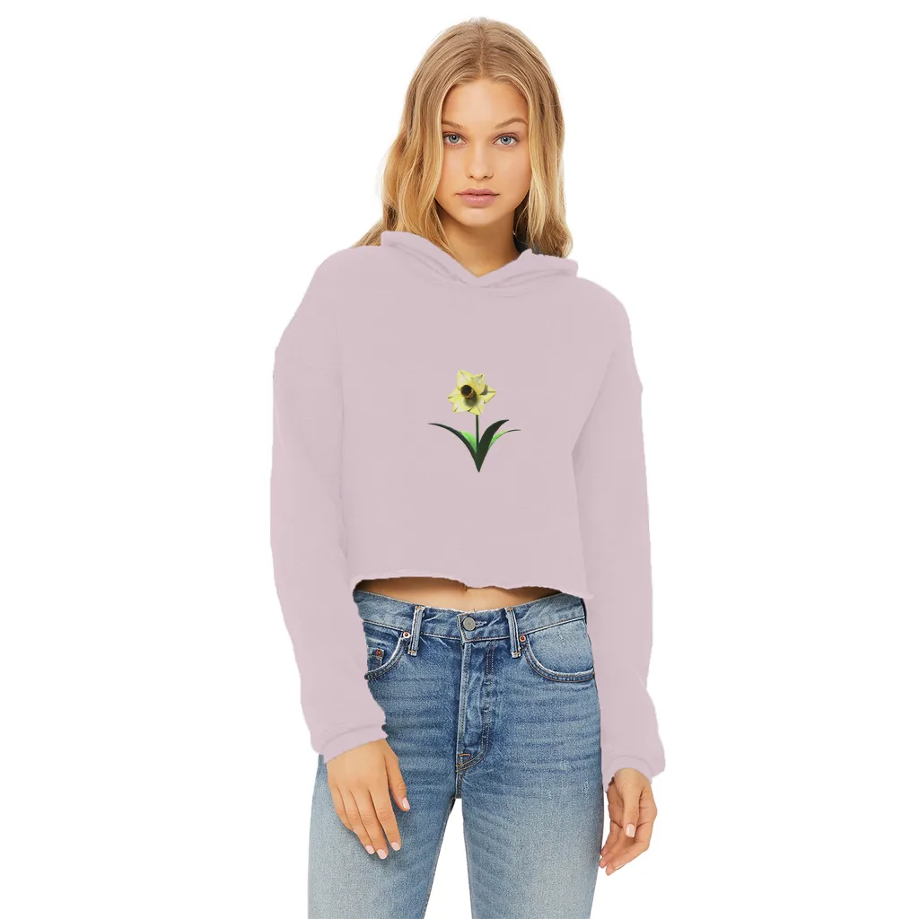 Yellow Flower Ladies Cropped Raw Edge Hoodie