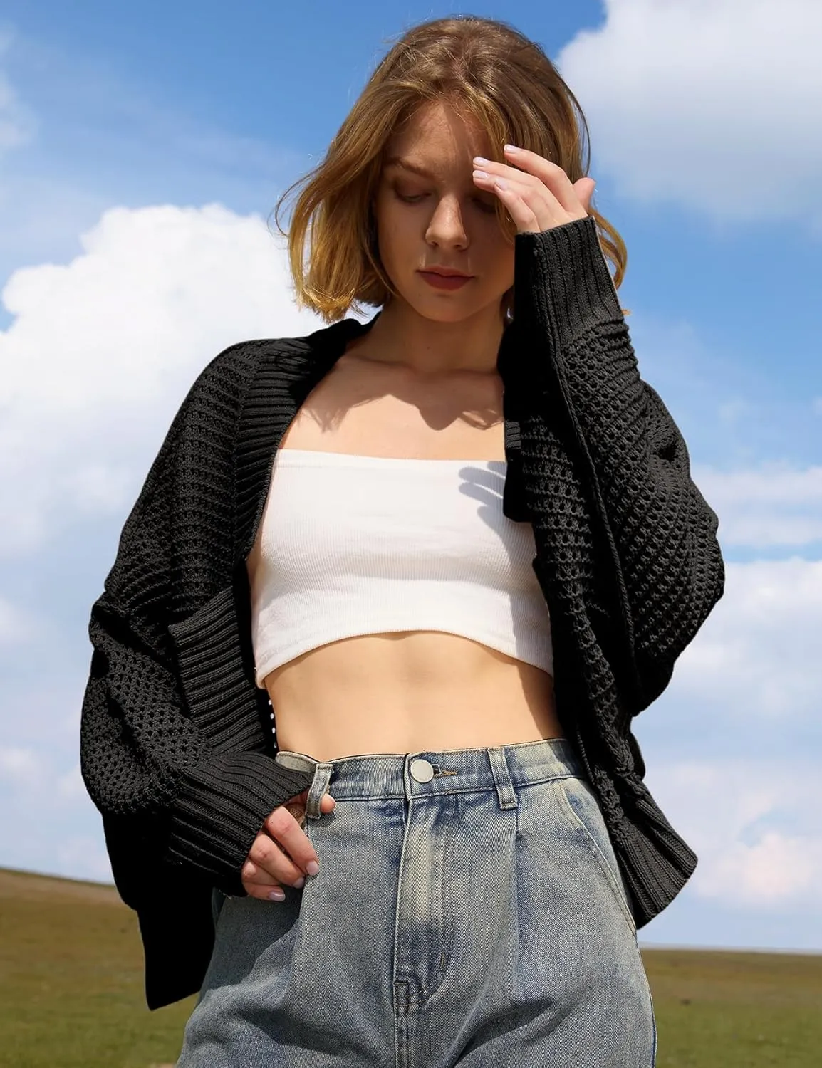 Yimoon Women's Bolero Shrug Sweater Cropped Cardigan Knit Open Front Batwing Long Sleeve Y2k 2025 Spring Streetwear